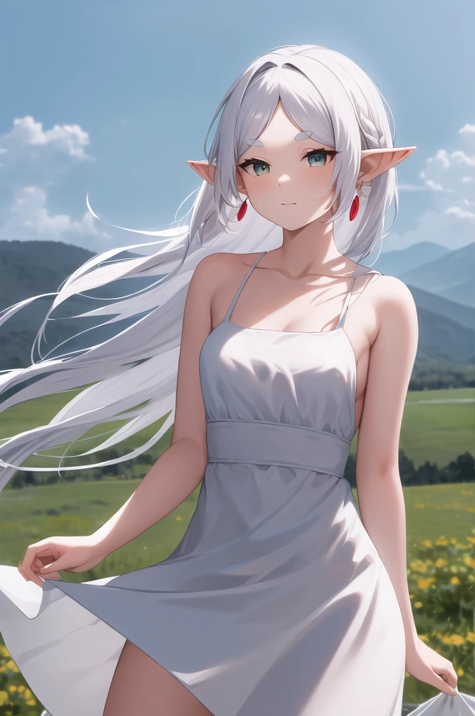 masterpiece, best quality, highres, aafrie, long hair, white hair, parted bangs, pointy ears, earrings, thick eyebrows, collarbone, bare shoulders, white dress, sleeveless dress, wind, field, голая