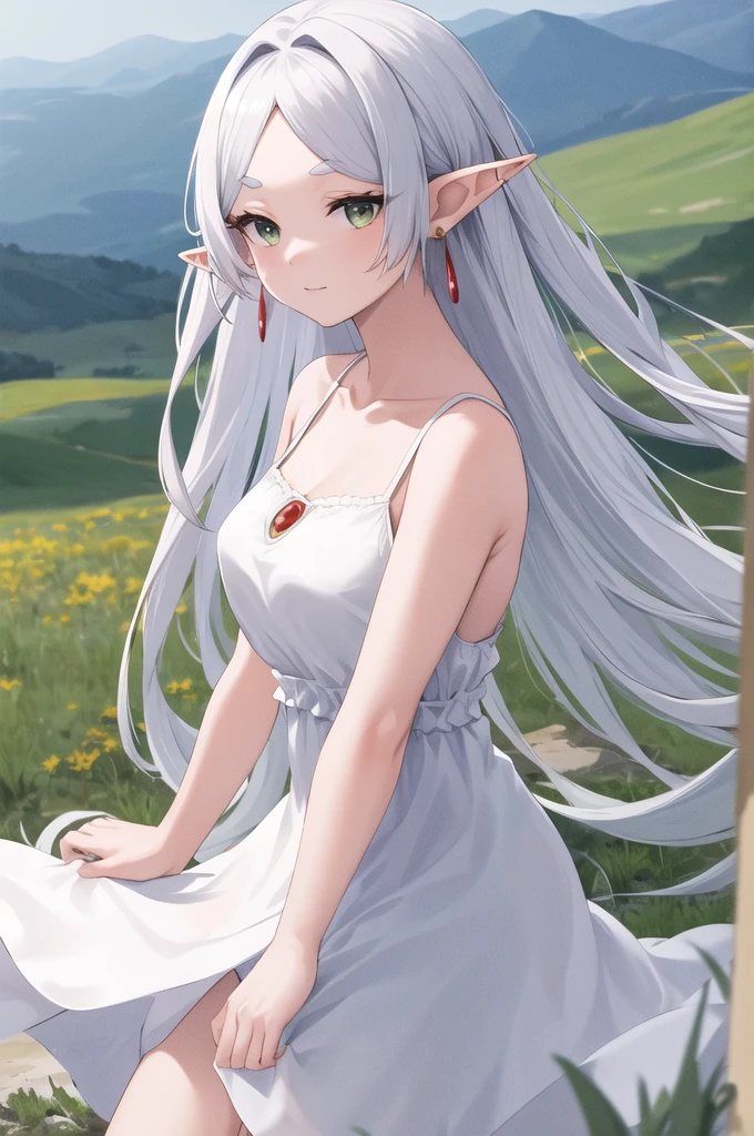 masterpiece, best quality, highres, aafrie, long hair, white hair, parted bangs, pointy ears, earrings, thick eyebrows, collarbone, bare shoulders, white dress, sleeveless dress, wind, field, голая
