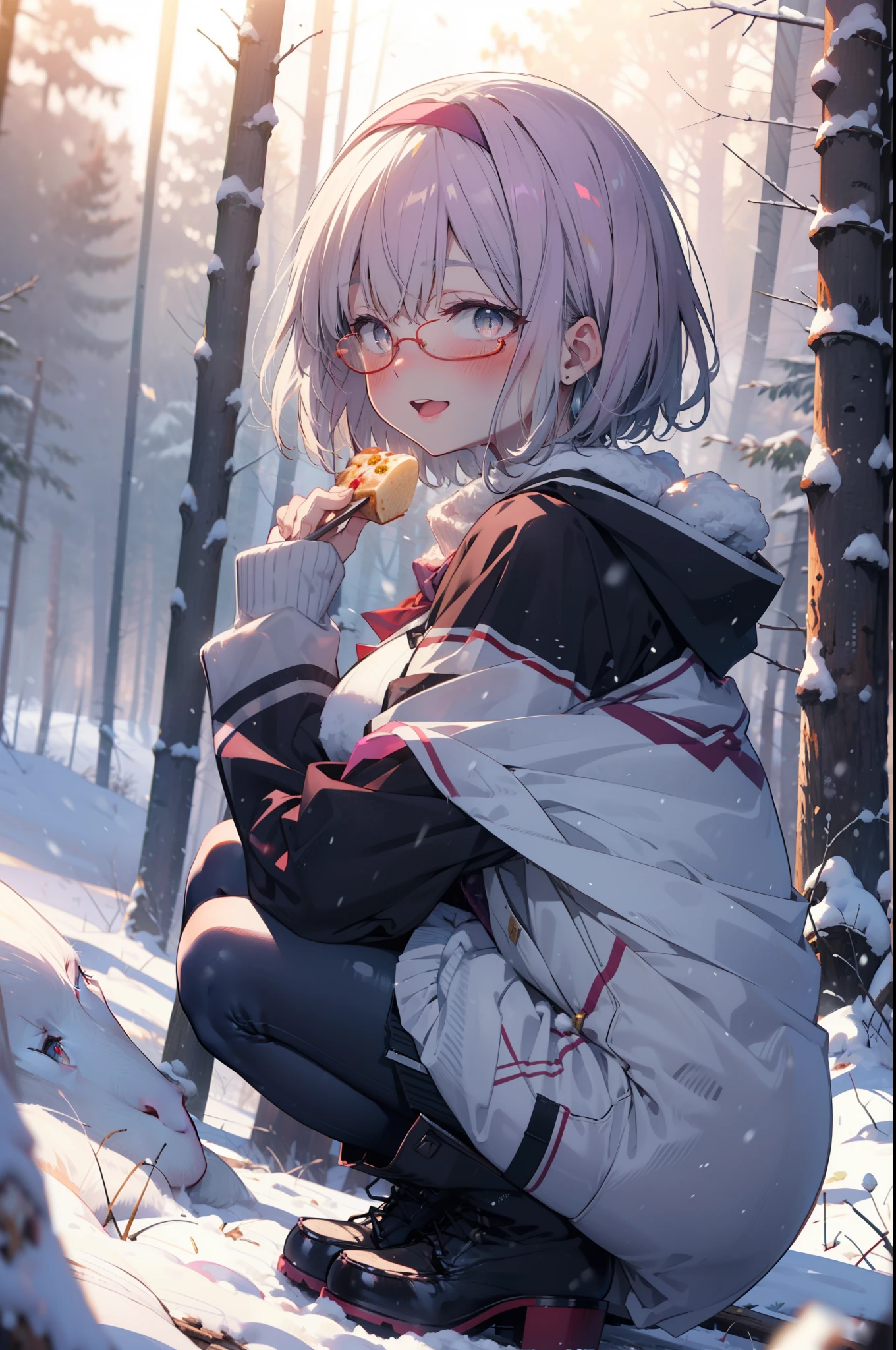 akaneshinjou, shinjou akane, Light purple hair, (Pink Eyes:1.2), short hair,Akagi Glasses,hair band,smile,blush,White Breath,Big Breasts,
Open your mouth,snow,Ground bonfire, Outdoor, boots, snowing, From the side, wood, suitcase, Cape, Blurred, having meal, forest, White handbag, nature, Squat, Mouth closed, Cape, winter, Written boundary depth, Black shoes, red Cape break looking at viewer, Upper Body, whole body, break Outdoor, forest, nature, break (masterpiece:1.2), Highest quality, High resolution, unity 8k wallpaper, (shape:0.8), (Beautiful and beautiful eyes:1.6), Highly detailed face, Perfect lighting, Highly detailed CG, (Perfect hands, Perfect Anatomy),