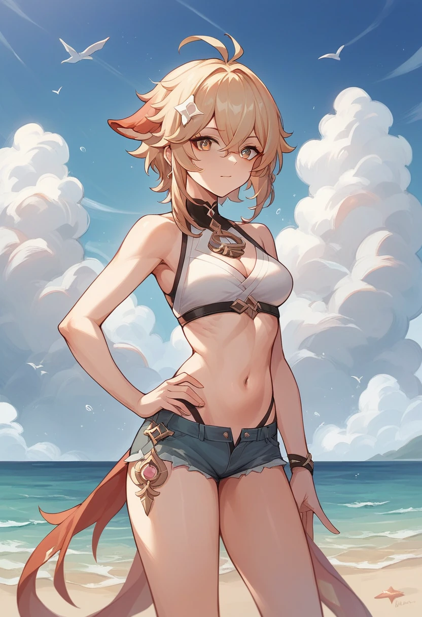 anime style illustration, in daytime beach, 1girl, (Furina genshin), standing, hands on hip,