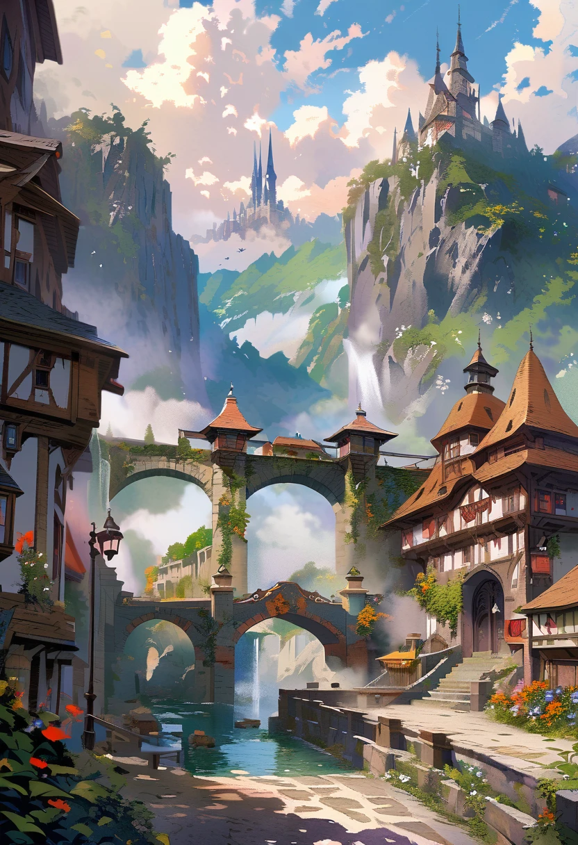 An alfa view of the falls with the tower and waterfall in the background, fantasy matte painting，cute, Landscape painting, Game Art Matte Painting, Illustration Matte Painting, Dota! Matte painting concept art, Dota Matte painting concept art, 2. 5d cgi anime fantasy artwork, Dreamy Matte Paintings, fantasy matte painting, Avatar Landscape, Game Map Matte Painting