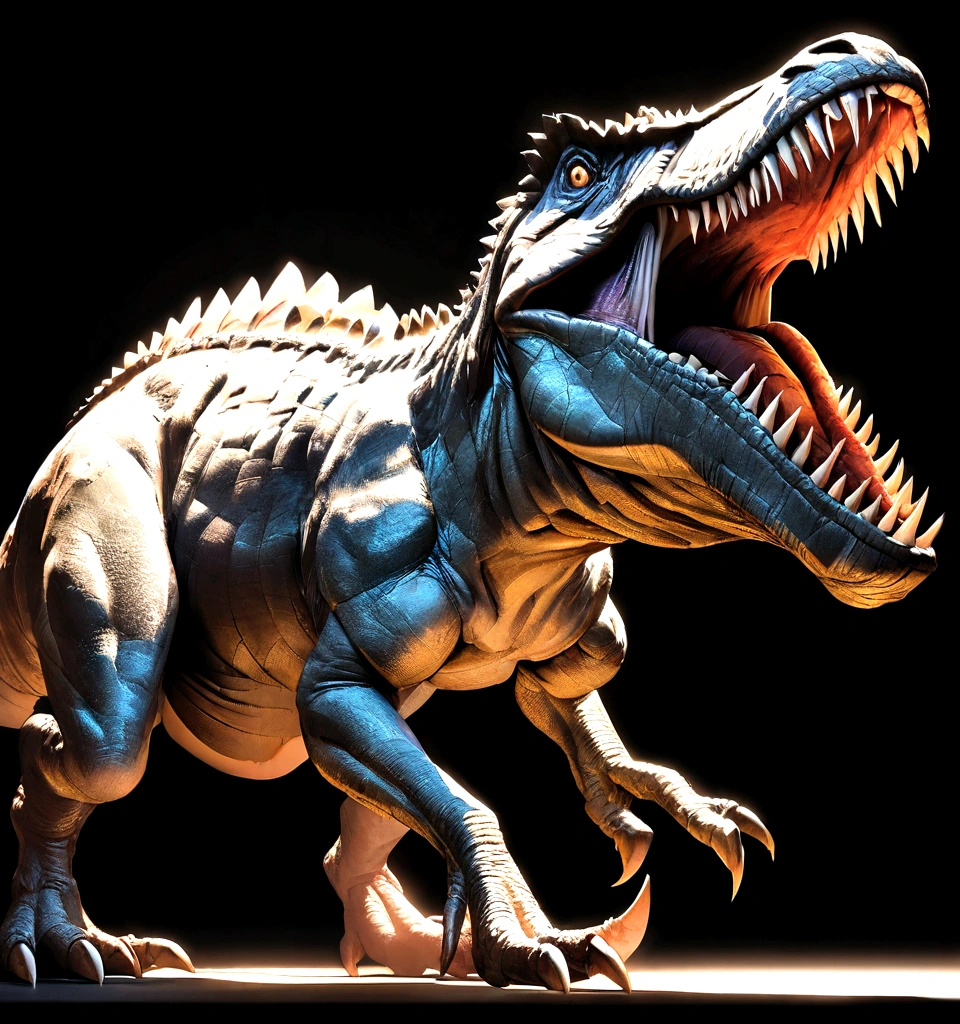 Tyrannosaurus Rex side view,Solid color background,High Detail,Motion capture,Cool colors,Realistic lighting and shadows,Sharp teeth,Strong hind legs