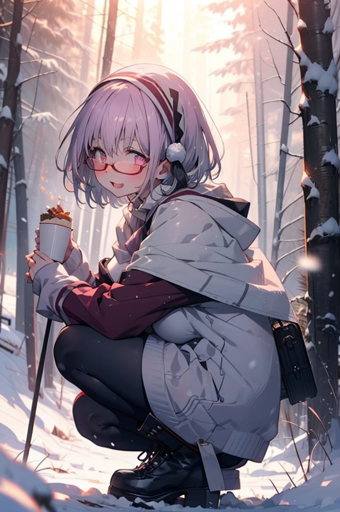 akaneshinjou, shinjou akane, Light purple hair, (Pink Eyes:1.2), short hair,Akagi Glasses,hair band,smile,blush,White Breath,Big Breasts,
Open your mouth,snow,Ground bonfire, Outdoor, boots, snowing, From the side, wood, suitcase, Cape, Blurred, having meal, forest, White handbag, nature, Squat, Mouth closed, Cape, winter, Written boundary depth, Black shoes, red Cape break looking at viewer, Upper Body, whole body, break Outdoor, forest, nature, break (masterpiece:1.2), Highest quality, High resolution, unity 8k wallpaper, (shape:0.8), (Beautiful and beautiful eyes:1.6), Highly detailed face, Perfect lighting, Highly detailed CG, (Perfect hands, Perfect Anatomy),