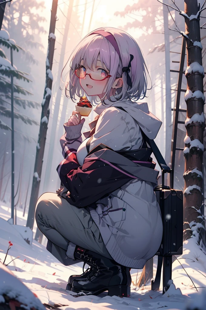 akaneshinjou, shinjou akane, Light purple hair, (Pink Eyes:1.2), short hair,Akagi Glasses,hair band,smile,blush,White Breath,Big Breasts,
Open your mouth,snow,Ground bonfire, Outdoor, boots, snowing, From the side, wood, suitcase, Cape, Blurred, having meal, forest, White handbag, nature, Squat, Mouth closed, Cape, winter, Written boundary depth, Black shoes, red Cape break looking at viewer, Upper Body, whole body, break Outdoor, forest, nature, break (masterpiece:1.2), Highest quality, High resolution, unity 8k wallpaper, (shape:0.8), (Beautiful and beautiful eyes:1.6), Highly detailed face, Perfect lighting, Highly detailed CG, (Perfect hands, Perfect Anatomy),