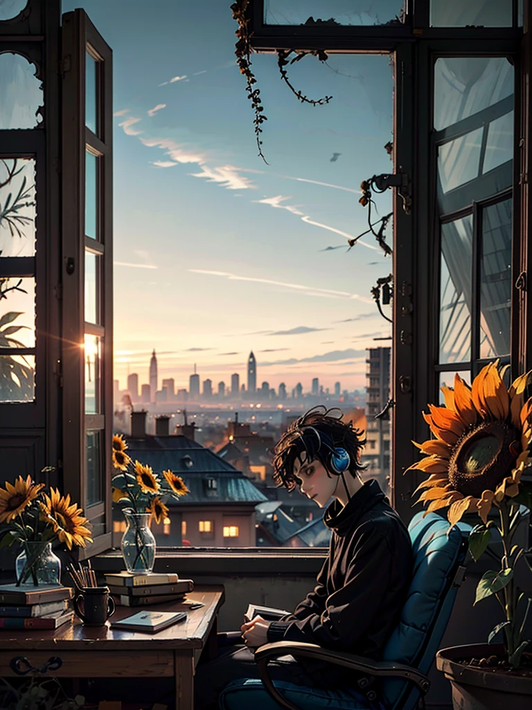 A detailed anime boy, wearing a large sweater, wearing headband headphones, lofi, tranquil, quiet vibes, chilling, in her living room reading, A large window with a view over the city, city skyline visible outside, quiet night, cat, masterpiece, best quality, big sunflowers, ficus, bougainvillea, flowers, books