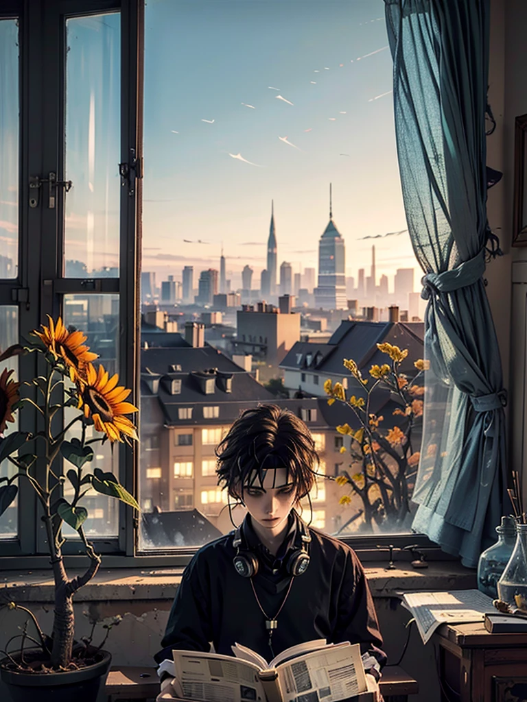 A detailed anime boy, wearing a large sweater, wearing headband headphones, lofi, tranquil, quiet vibes, chilling, in her living room reading, A large window with a view over the city, city skyline visible outside, quiet night, cat, masterpiece, best quality, big sunflowers, ficus, bougainvillea, flowers, books