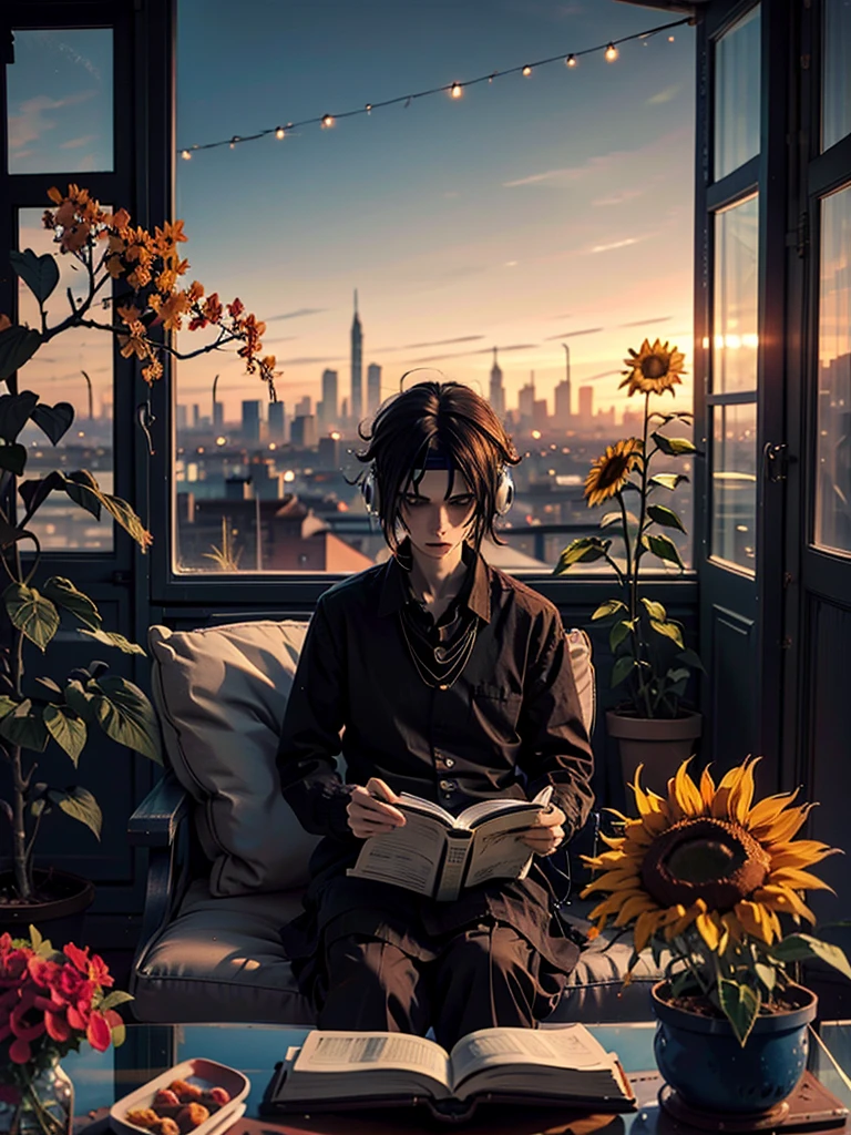 A detailed anime boy, wearing a large sweater, wearing headband headphones, lofi, tranquil, quiet vibes, chilling, in her living room reading, A large window with a view over the city, city skyline visible outside, quiet night, cat, masterpiece, best quality, big sunflowers, ficus, bougainvillea, flowers, books