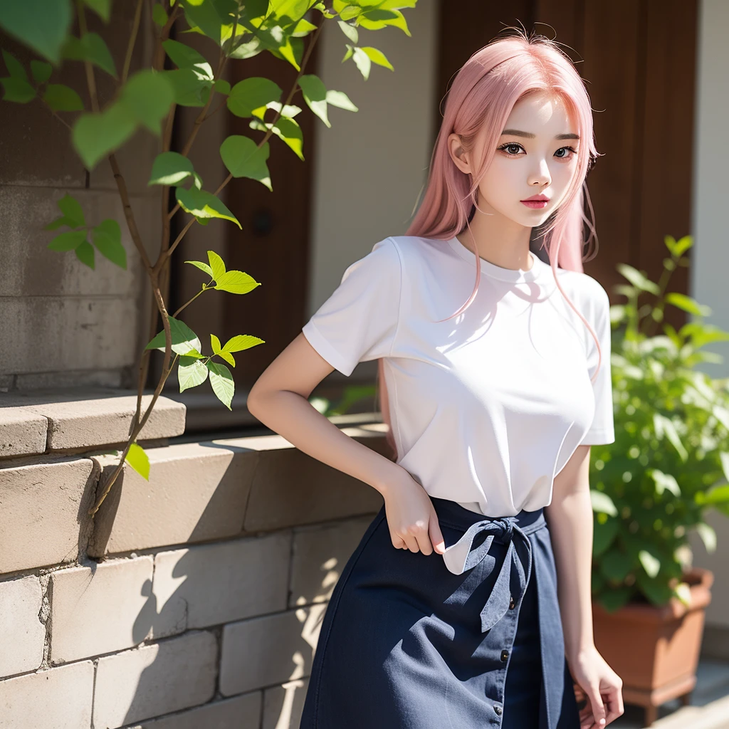 one-girl，Look to the lens，A pink-haired，Wear a ，tmasterpiece，high qulity，8K，best qualtiy，realisticlying，vibrant detail，1个Giant Breast Girl，adolable，Beautiful face rich in details，One guy，looki at viewer，The street is against the wall，which stands on the street，Uniforms，perfect  detail。