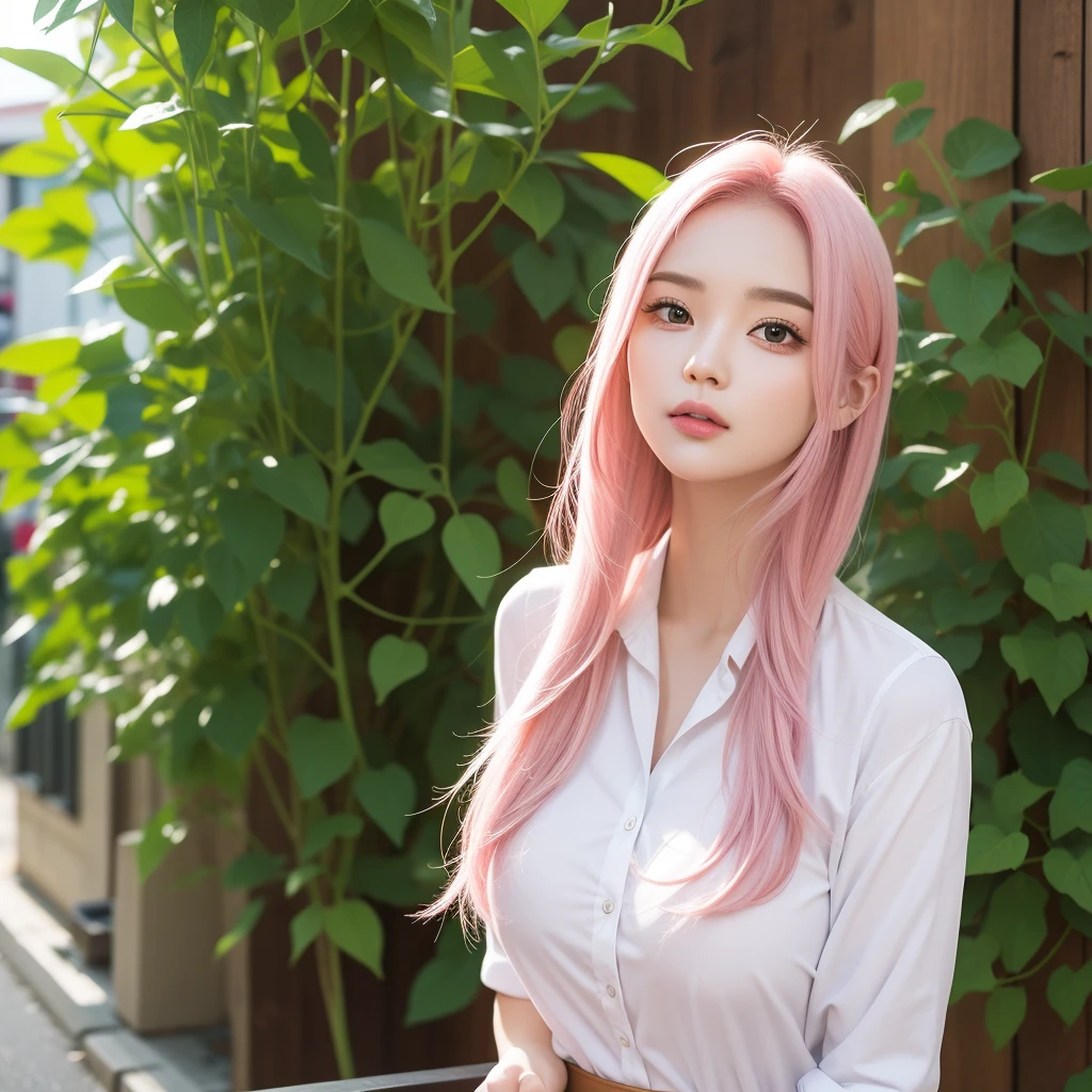 one-girl，Look to the lens，A pink-haired，Wear a ，tmasterpiece，high qulity，8K，best qualtiy，realisticlying，vibrant detail，1个Giant Breast Girl，adolable，Beautiful face rich in details，One guy，looki at viewer，The street is against the wall，which stands on the street，Uniforms，perfect  detail。