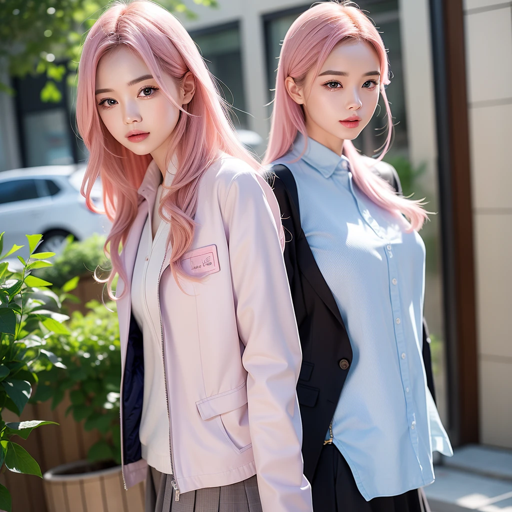 one-girl,Look to the lens,A pink-haired,Wear a ,tmasterpiece,high qulity,8K,best qualtiy,realisticlying,vibrant detail,1个Giant Breast Girl,adolable,Beautiful face rich in details,One guy,looki at viewer,The street is against the wall,which stands on the street,Uniforms,perfect detail。