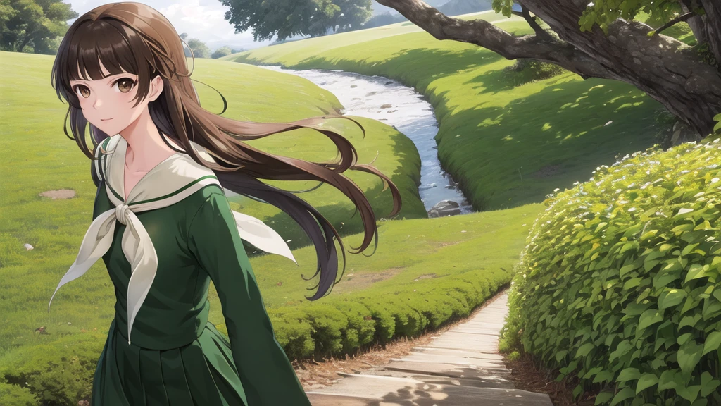 masterpiece, Highest quality, High resolution, aayoshino, Long Hair, Twin Blade, Brown eyes, Hair that falls over the shoulders, , Sailor collar, neckerchief, Green Shirt, One piece sailor shirt, Long sleeve, Green Skirt, Long skirt, Are standing, Cowboy Shot, Outdoor,