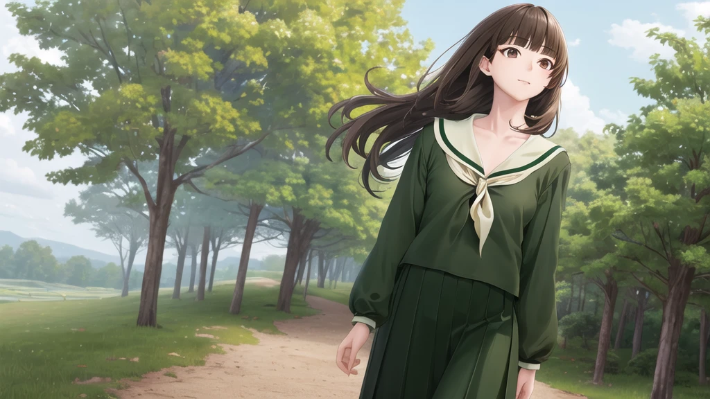 masterpiece, Highest quality, High resolution, aayoshino, Long Hair, Twin Blade, Brown eyes, Hair that falls over the shoulders, , Sailor collar, neckerchief, Green Shirt, One piece sailor shirt, Long sleeve, Green Skirt, Long skirt, Are standing, Cowboy Shot, Outdoor,