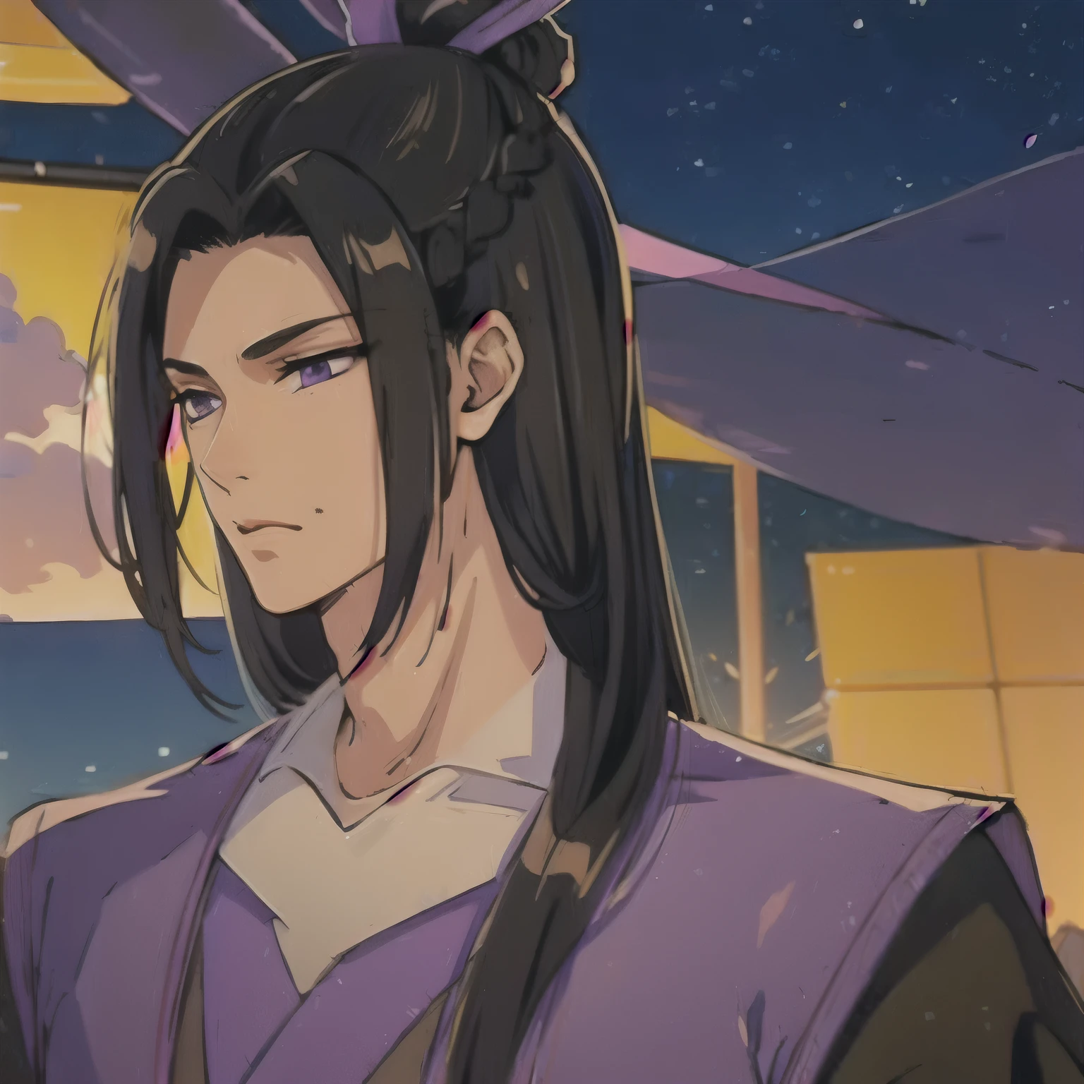 (masterpiece, best quality:1.2), 1male, solo, jiang cheng, mo dao zu shi, mdzs, purple and black clothes, purple eyes, long black hair, perfect anatomy