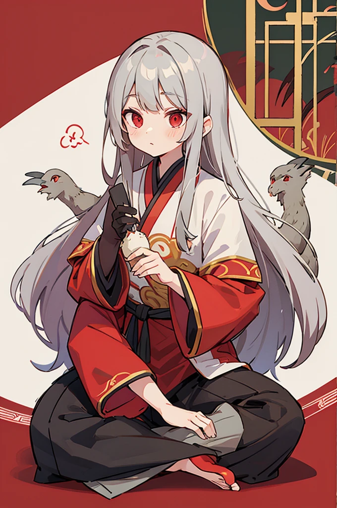 gray hair, red eyes, long hair, , Balaur , Oriental style clothes
