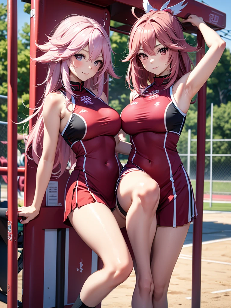 Yae miko, 1woman, as a cheerleader, wearing a cheerleader girl outfit, at a playground , pink colour hair, 8k, high detailed, high quality
