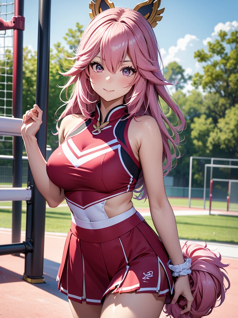 Yae miko, 1woman, as a cheerleader, wearing a cheerleader girl outfit, at a playground , pink colour hair, 8k, high detailed, high quality
