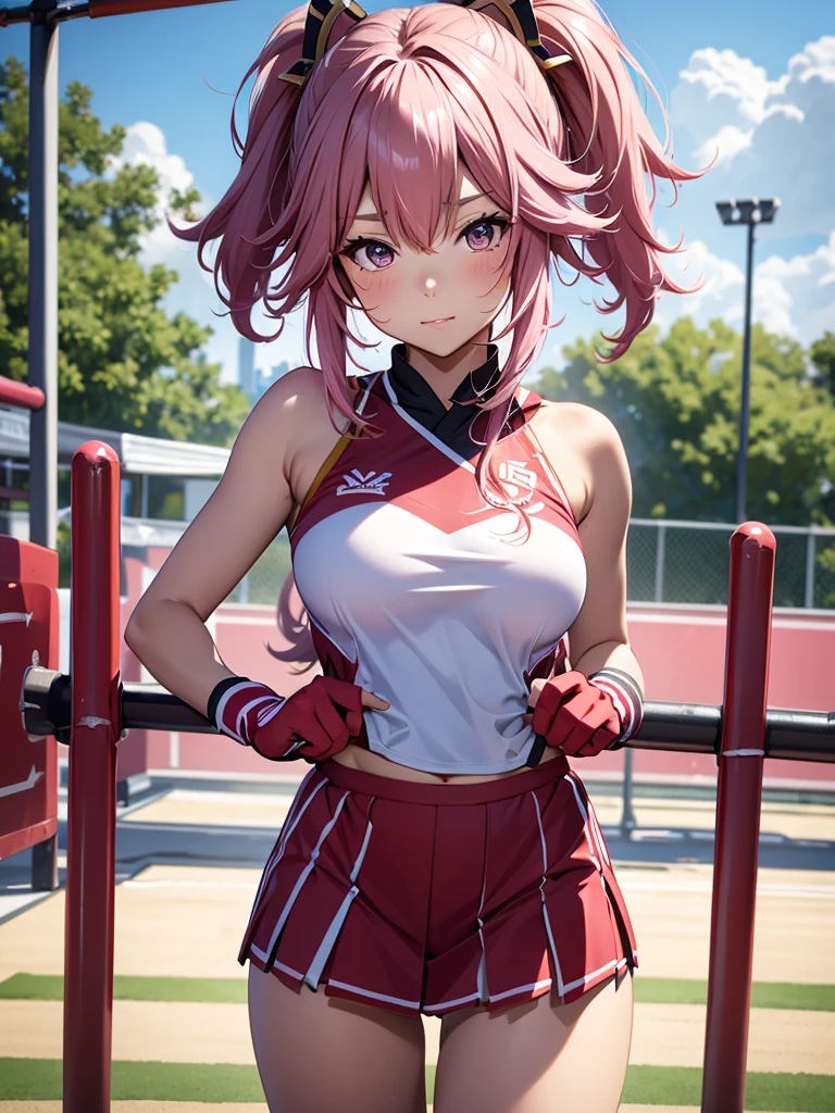 Yae miko, 1woman, as a cheerleader, wearing a cheerleader girl outfit, at a playground , pink colour hair, 8k, high detailed, high quality
