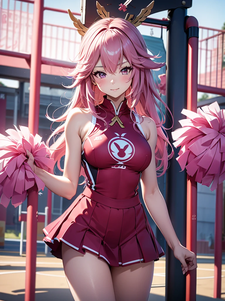 Yae miko, 1woman, as a cheerleader, wearing a cheerleader girl outfit, at a playground , pink colour hair, 8k, high detailed, high quality
