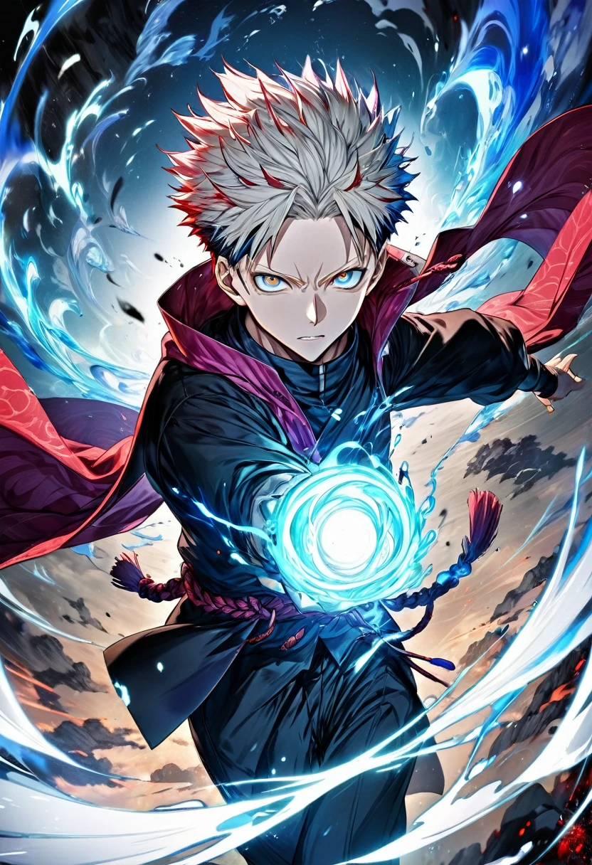 A high-resolution anime-style image of Satoru Gojo from Jujutsu Kaisen, using his Limitless Cursed Technique. His eyes are glowing with intense blue energy, surrounded by a dynamic, swirling aura. The background features a dramatic, dark landscape, highlighting his immense power. The scene is full of vibrant colors and intricate details, capturing the intensity and strength of Gojo's abilities."