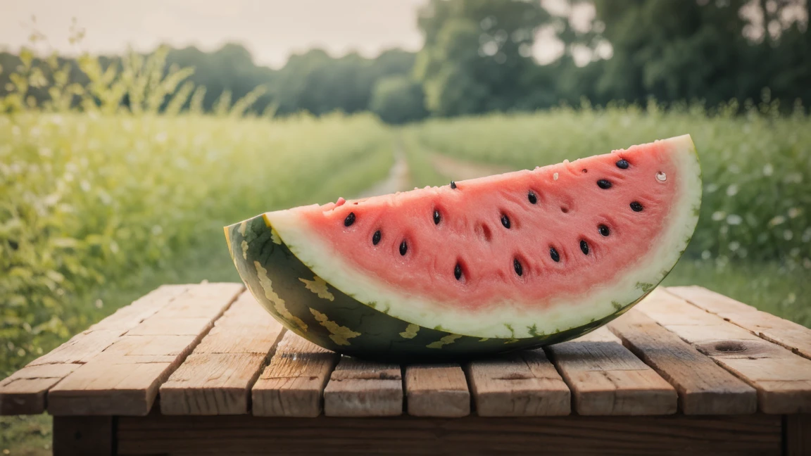 Watermelon on wooden table with green background. A refreshing summer treat on a rustic surface.
watermelon, fruit, food, no_humans, food_focus, blurry, realistic, still_life, blurry_background, depth_of_field