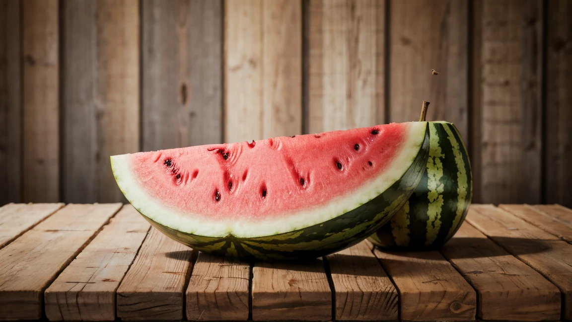 Watermelon on wooden table with green background. A refreshing summer treat on a rustic surface.
watermelon, fruit, food, no_humans, food_focus, blurry, realistic, still_life, blurry_background, depth_of_field