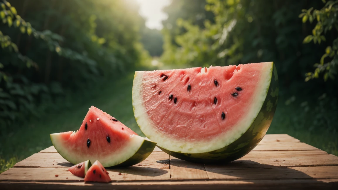Watermelon on wooden table with green background. A refreshing summer treat on a rustic surface.

watermelon, fruit, food, no_humans, food_focus, blurry, realistic, still_life, blurry_background, depth_of_field