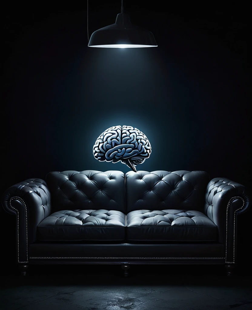 "A dark and desolate setting reveals a lonely human brain, sitting listlessly on a sofa. The environment is plunged into darkness, with no visible lighting, creating a heavy and introspective atmosphere. The brain holds a cell phone nonchalantly, symbolizing a state of disconnection or perhaps an attempt to seek stimulation in an apathetic world."