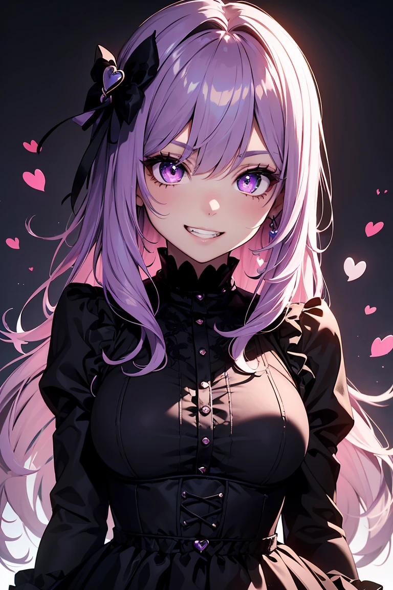 ((1 Girl)), Latest Fashion Trends, Gothic Lolita Makeup, (hair ornaments),(Grin),Monochrome clothes, Black and purple hair, Wavy Hair, Mid cut, ((Gothic Dress)), mini skirt, Naughty look, Beautiful expression, Pink Eyes, (Hearts in eyes), Cold Background,18-year-old, Colorful Hair, Shiny Hair, 8k wallpaper,eye shadow, eyeliner,Glowing Eyes, Highly detailed eyes, (Beautiful eyes with highlights), 18-year-oldの女の子.