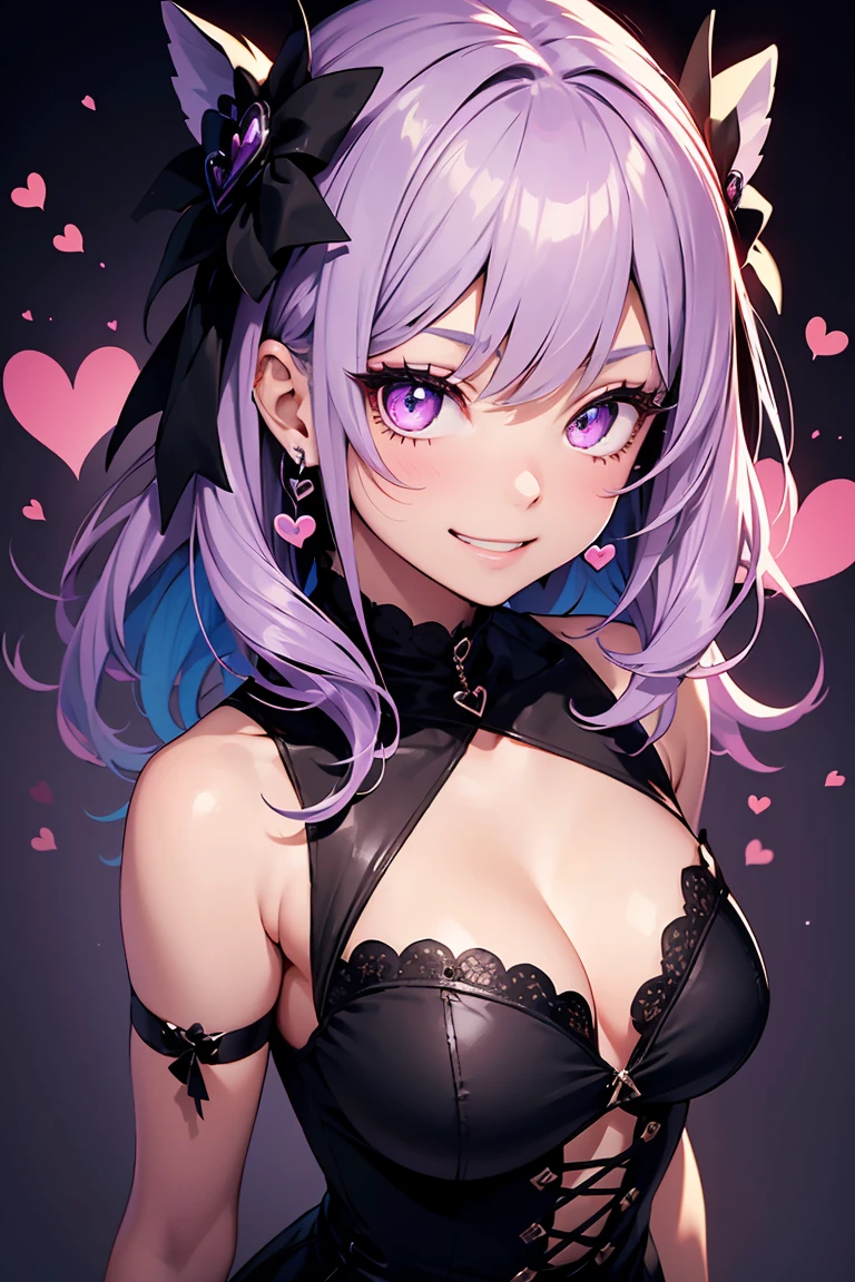 ((1 Girl)), Latest Fashion Trends, Gothic ta Makeup, (hair ornaments),(Grin),Monochrome clothes, Black and purple hair, Wavy Hair, Mid cut, ((Gothic Dress)), mini skirt, Naughty look, Beautiful expression, Pink Eyes, (Hearts in eyes), Cold Background,18-year-old, Colorful Hair, Shiny Hair, 8k wallpaper,eye shadow, eyeliner,Glowing Eyes, Highly detailed eyes, (Beautiful eyes with highlights), 18-year-oldの女の子.
