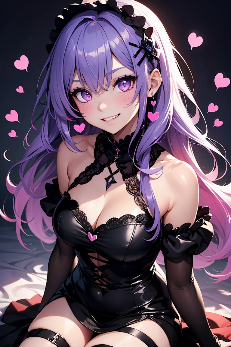 ((1 Girl)), Latest Fashion Trends, Gothic Lolita Makeup, (hair ornaments),(Grin),Monochrome clothes, Black and purple hair, Wavy Hair, Mid cut, ((Gothic Dress)), mini skirt, Naughty look, Beautiful expression, Pink Eyes, (Hearts in eyes), Cold Background,18-year-old, Colorful Hair, Shiny Hair, 8k wallpaper,eye shadow, eyeliner,Glowing Eyes, Highly detailed eyes, (Beautiful eyes with highlights), 18-year-oldの女の子.