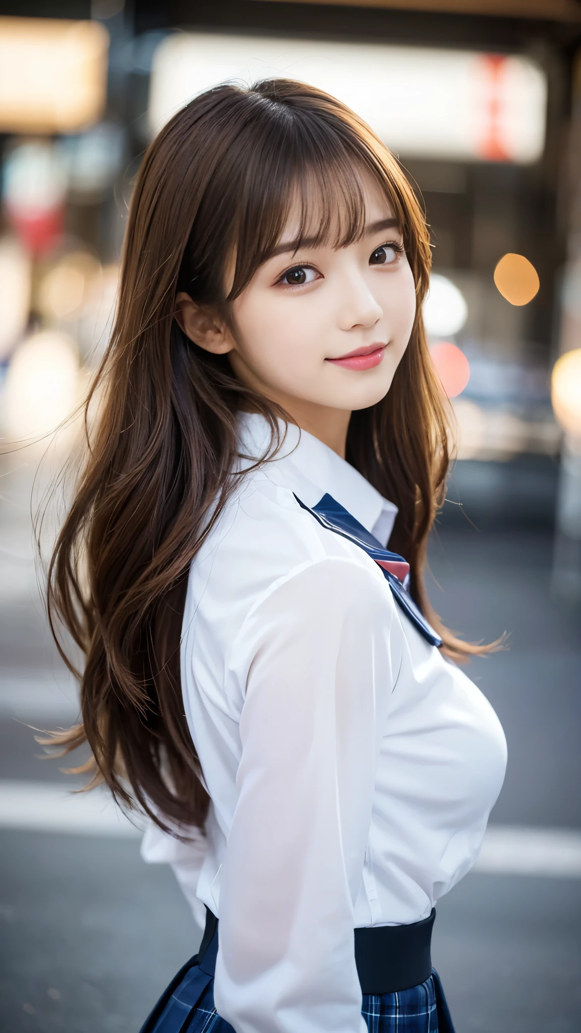 (Detailed skin:1.2),(Shiny skin:1.1),8K,Highest quality, masterpiece, Ultra-high resolution,(Realistic:1.4), RAW Photos,(Soft saturation:1.3),(Fair skin:1.2),Japanese Idols,repair,20 years, Light brown hair, (Shore Surf:1.2)、(Long Hairstyles:1.2), Asymmetrical Hair, Asymmetrical bangs (Pretty face:1.4), (Large Breasts, Tight waist), Beautiful lighting, Small Head, (Student Uniform:1.2,),Highly detailed face, Highly detailed lips, fine grain, double eyelid,(Full Body Shot), Browsing Caution, (Sharp focus: 1.2), (Perfect Anatomy、Beautiful woman with perfect figure: 1.2)、Random sexy poses,Accentuate your leg lines、Smiling