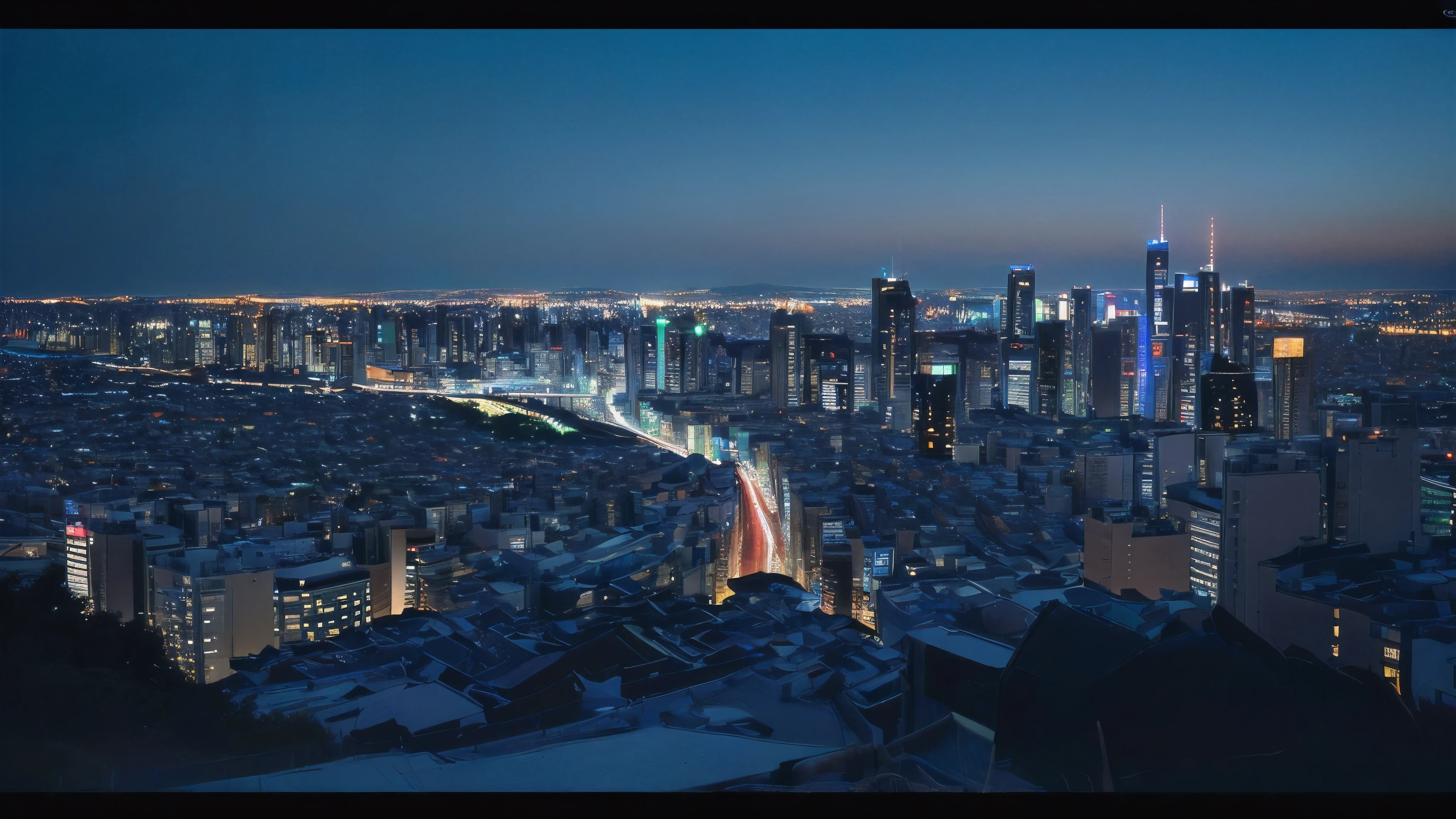 (Landscape view of blue shining Japanese big city at night:1.5)、(No human:1.5)、(8k ultra detailed master piece:1.5)、(perfect anatomy:1.5)、(Photorealistic stick:1.5)、(Raw photo:1.3)、(highest quality:1.5)、(High resolution:1.3)