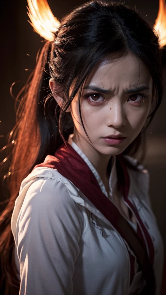 Here is a prompt in English for a live-action version of Nezuko from Demon Slayer with her face veins exposed:

---

A close-up shot of Nezuko from Demon Slayer in her demon form, with her face veins prominently visible. The scene is intense and dramatic, capturing the raw power and inner conflict within her. Her eyes are glowing with a fierce, demonic light, and her expression is a mix of anger and determination. The lighting should be dark and moody, emphasizing the veins and the tension in her face. Her hair is disheveled, adding to the chaotic and powerful atmosphere of the scene.

---

Feel free to adjust the details to better fit your vision!