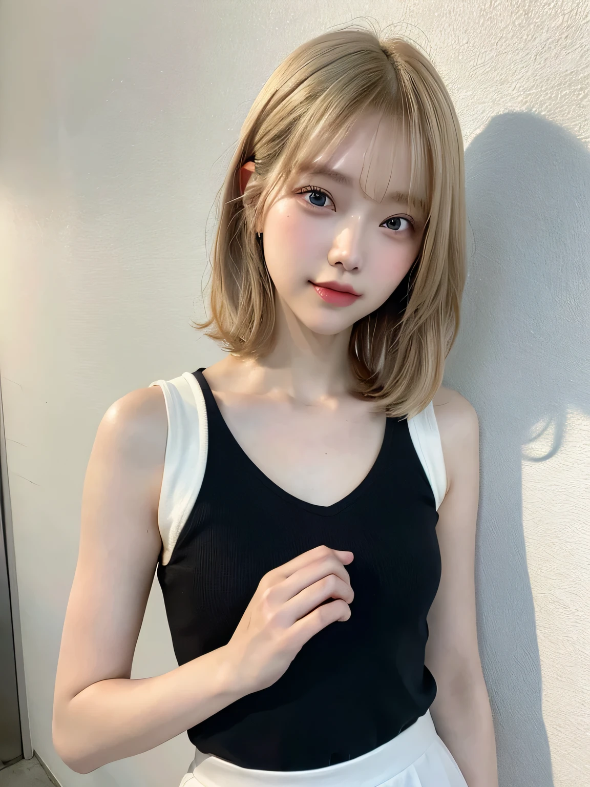 One person、17 years old、Full body photo,slender、woman、White drool coming out of the mouth、smile、、Blonde、Short Bob、 Fair skin, messy hair, super cute、Soft and Face、8K resolution、Surreal、Ultra high definition、 A-cup small breasts((Highest resolution、8K、masterpiece:1.3))、Ultra-fine face、Ultra Fine Lips、Beautiful Eyes、double eyelid,Light blue wall、Sleeveless black polo shirt、White Skirt、Thighs、thin,Thighsが見える、Shapely small breasts、sexy、So cute!