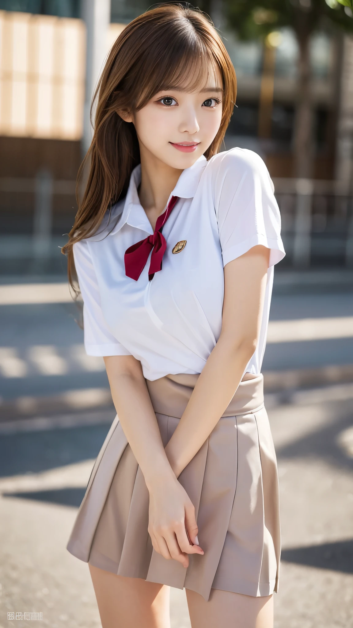 (Detailed skin:1.2),(Shiny skin:1.1),8K,Highest quality, masterpiece, Ultra-high resolution,(Realistic:1.4), RAW Photos,(Soft saturation:1.3),(Fair skin:1.2),Japanese Idols,repair,20 years, Light brown hair, （Shore Surf:1.2)、（Long Hairstyles:1.2), Asymmetrical Hair, Asymmetrical bangs (Pretty face:1.4), (Large Breasts, Tight waist), Beautiful lighting, Small Head, (Student Uniform:1.2,),Highly detailed face, Highly detailed lips, fine grain, double eyelid,（Full Body Shot）, Browsing Caution, （Sharp focus: 1.2）, （Perfect Anatomy、Beautiful woman with perfect figure: 1.2）、Random sexy poses，Accentuate your leg lines、Smiling