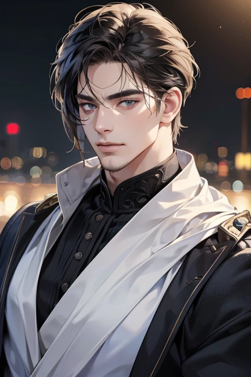 (best quality,4k,8k,highres,masterpiece:1.2),ultra-detailed,(realistic,photorealistic,photo-realistic:1.37),30 year old man,3 day beard,handsome anime,portraits,strong,masculine,dark hair,sharp jawline,mesmerizing eyes,perfectly styled hair,cool anime outfit,confident expression,vibrant colors,dynamic lighting, CEO and expression smile in love.