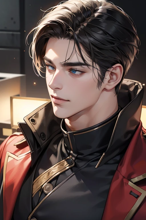 (best quality,4k,8k,highres,masterpiece:1.2),ultra-detailed,(realistic,photorealistic,photo-realistic:1.37),30 year old man,3 day beard,handsome anime,portraits,strong,masculine,dark hair,sharp jawline,mesmerizing eyes,perfectly styled hair,cool anime outfit,confident expression,vibrant colors,dynamic lighting, CEO and expression smile in love.