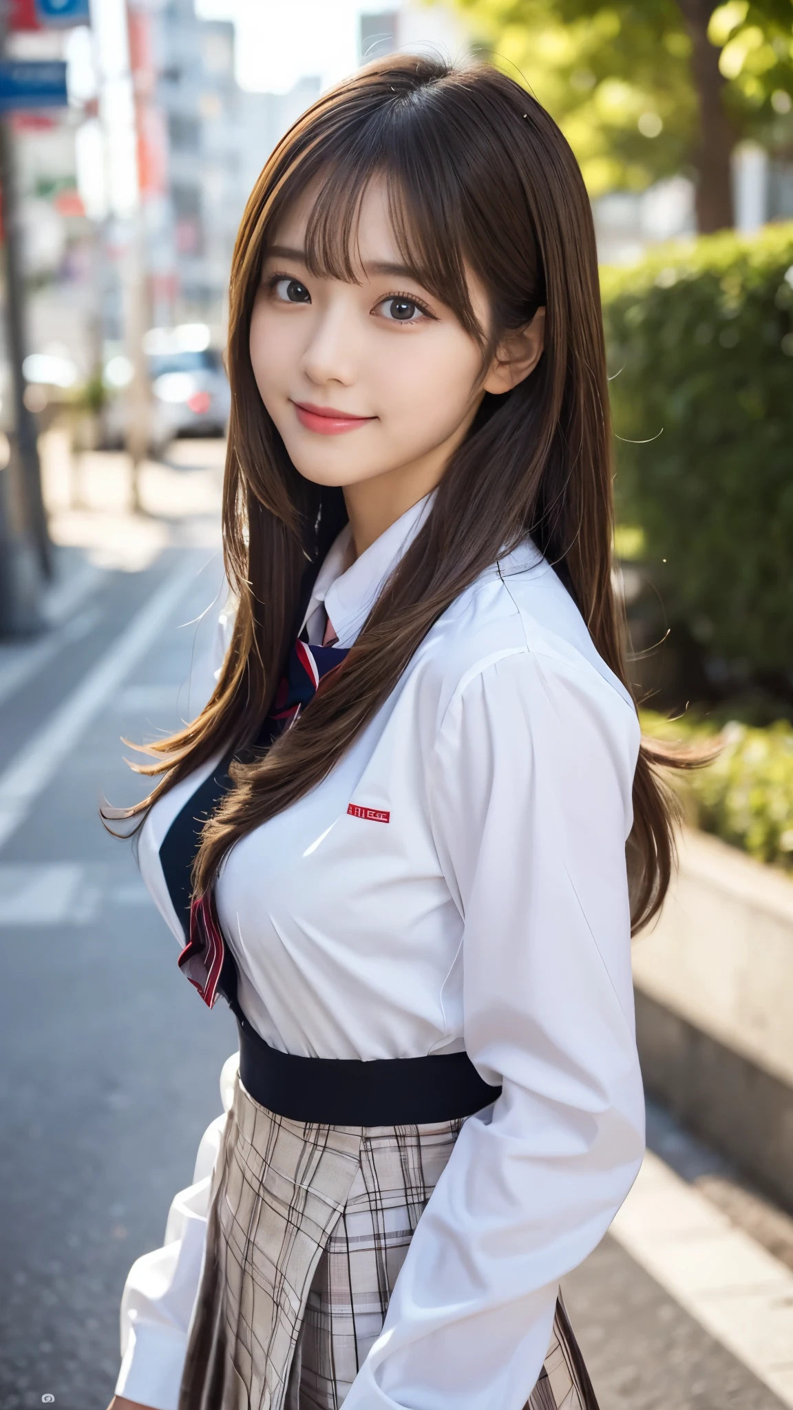 (Detailed skin:1.2),(Shiny skin:1.1),8K,Highest quality, masterpiece, Ultra-high resolution,(Realistic:1.4), RAW Photos,(Soft saturation:1.3),(Fair skin:1.2),Japanese Idols,repair,20 years, Light brown hair, (Shore Surf:1.2)、(Long Hairstyles:1.2), Asymmetrical Hair, Asymmetrical bangs (Pretty face:1.4), (Large Breasts, Tight waist), Beautiful lighting, Small Head, (Student Uniform:1.2,),Highly detailed face, Highly detailed lips, fine grain, double eyelid,(Full Body Shot), Browsing Caution, (Sharp focus: 1.2), (Perfect Anatomy、Beautiful woman with perfect figure: 1.2)、Random sexy poses,Accentuate your leg lines、Smiling