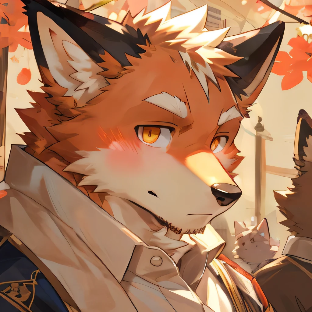 masterpiece,high quality,perfect anatomy,furry,anthro fox,white and red fur,male, niji5,brown pupils,bright eyes,blush,naked,detailed face,by kiyosan,close up face