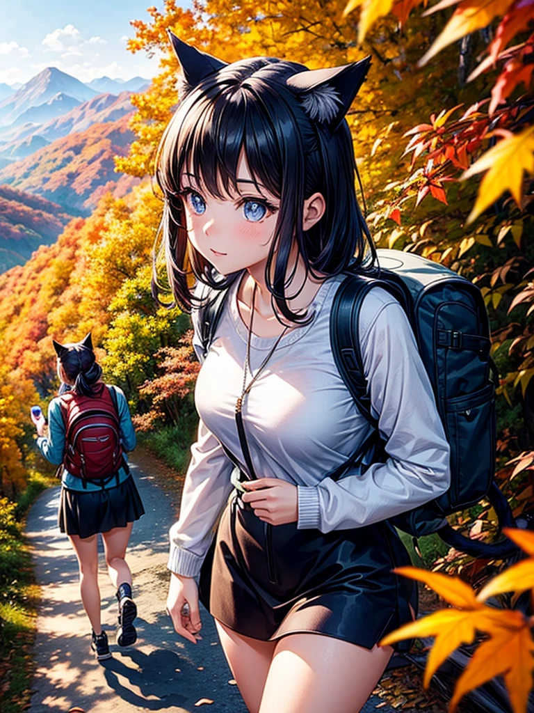 Highest quality,Highest Resolution,A beautiful girl with cat ears walking along a mountain path in autumn leaves,hiking,Backpack,up,looking at the camera,