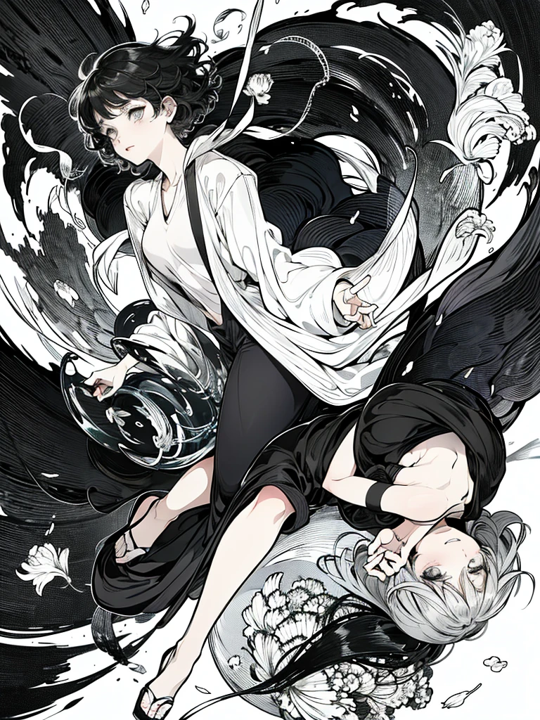 a woman with short curly hair, she is being consumed by a black cloud, manga page, allgreat style, takeshi obata style
