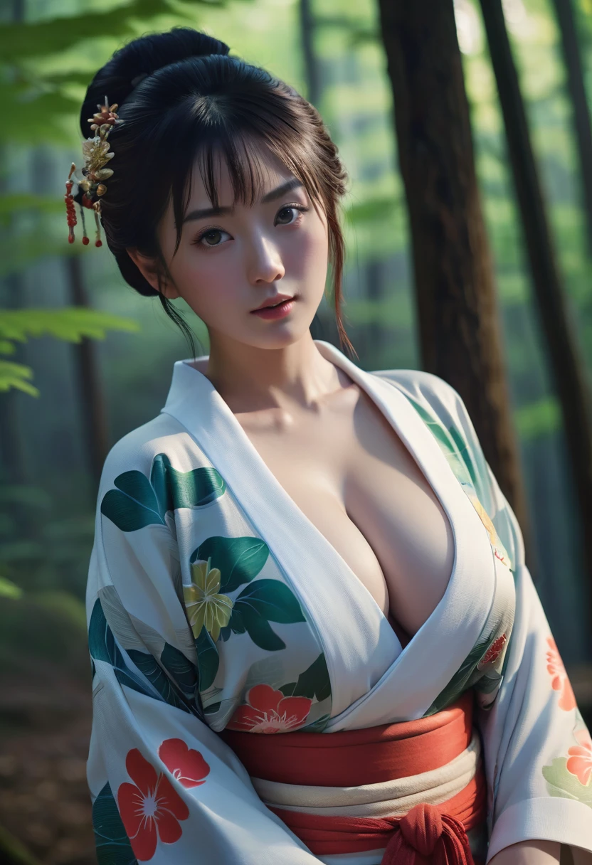 Beautiful woman、Japanese tradition、(Very large breasts)、kimono、Spectacular views、Suspicious atmosphere、Cinematic atmosphere、(best quality,4K,8K,highres,masterpiece:1.2),ultra-detailed,(realistic,photorealistic,photo-realistic:1.37)、Dim lighting、whole body、forest、forest、Dim lighting、(looking at viewer),Realistic、Like live action、Cinematic film