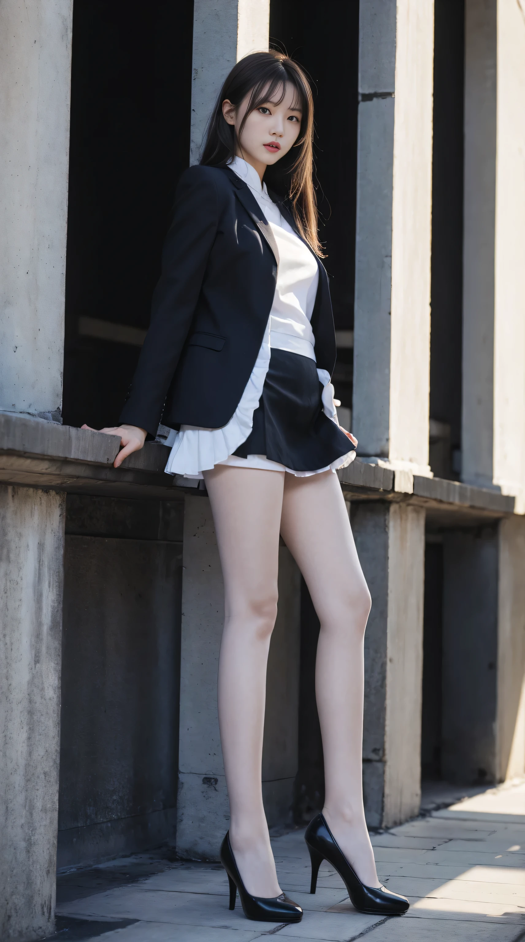 8K, Best Quality, Ultra High Definition, Masterpiece, Realistic, Photorealistic, High Contrast, Photon Mapping, Real Image, Super Detail, Low Angle: 1.5, 1 Girl, Solo: 1.5, Full Body, Night Concert Venue Stage: 1.5, Kepop Star, Kepop Idol, Dress Like a kpop, Sexy, Fancy Makeup, Blazer: 1.3, Short skirt: 1.3, wearing blazer and skirt high heels, tie, kamisa: 1.3, bare feet, high heels, MCharacter opening leg: 1.3, 180 degree open leg, open crotch: 1.3, brown hair long hair, wet white panties: 1.5, panties visible from under skirt: 1.3, tall, height is 170 cm, long legs: 1.2, Beauty face: 1.3, Detailed female pubic shape is clearly visible: 1.5, pubic hair protruding from panties: 1.2, without panties: 1.3, textured skin