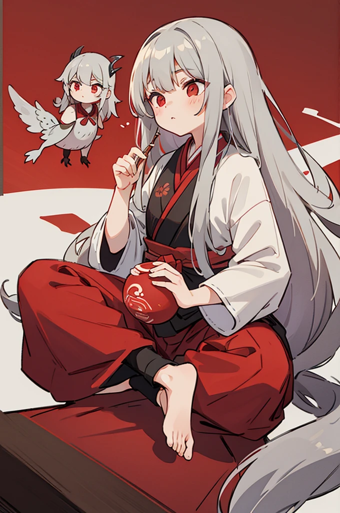 gray hair, red eyes, long hair, , Balaur , Oriental style clothes