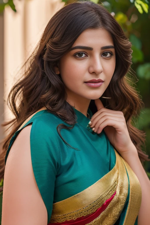 Outdoor image of 21yo in school school photo in school masterpiece, (photorealistic:1.7), best quality, beautiful lighting, Eleanor Ukraine girl dark lipstick 20yo Old Big Breasts Plus Size Model random colour beautiful eyes extremely high Bun long extreme curly hair Lifts wearing Indian saree.