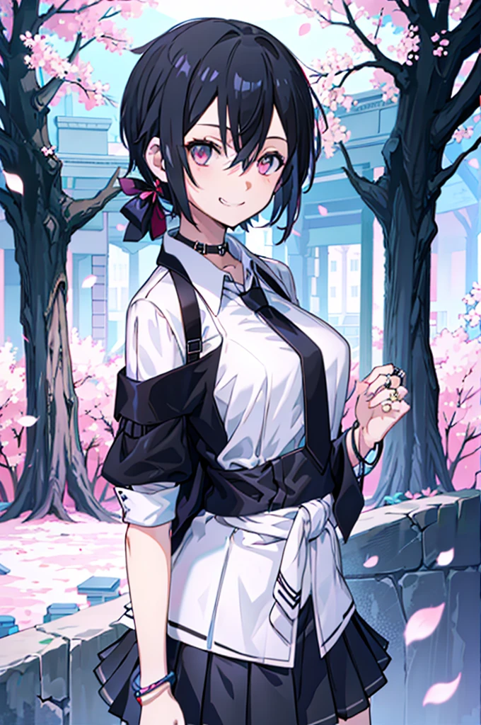 masterpiece, best quality, full body,
1girl, bangs, black choker, black necktie, black hair, blue skirt, blush, bracelet, breasts, choker, clothes around waist, collarbone, collared shirt, cowboy shot, dress shirt, ear piercing, eyebrows visible through hair, gradient hair, grin, gyaru, jewelry, kogal, long hair, looking at viewer, loose necktie, necktie, piercing, plaid, plaid skirt, pleated skirt, red eyes, ring, school uniform, shirt, skirt, smile, solo, white shirt,
street, sky, cherry blossoms, petals,illustration, (magazine:1.3), (cover-style:1.3), fashionable, woman, vibrant, outfit, posing, front, colorful, dynamic, background, elements, confident, expression, holding, statement, accessory, majestic, coiled, around, Touch, scene, Text, cover, bold, attention-grabbing, title, stylish, Font, catchy, headline, larger, striking, modern, trendy, focus, fashion,Female Kirito