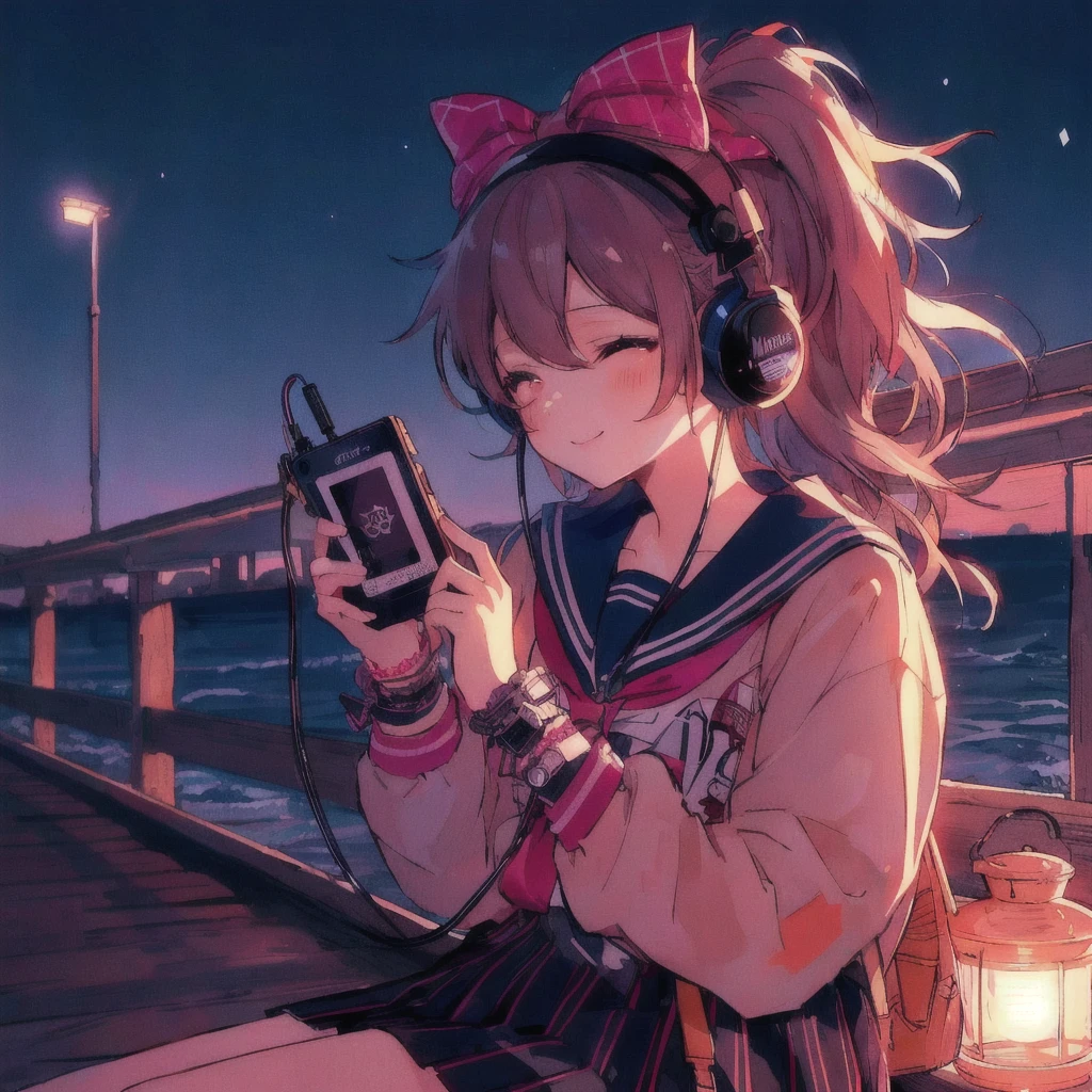 Anime girl listening to music on an old portable audio device by the water, A smiling face,headphone,Anime atmosphere, Anime Style 4k, 80年代のAnime atmosphere, Sandy Beach,Lo-fi Girl, Nightcore, 4K Manga Wallpapers, A mix of anime style and Fujifilm, Anime Aesthetics, anime wallpaper 4k, anime wallpaper 4k, Lo-fi art style, 4k anime wallpaper, Ultra HD Anime Wallpaper