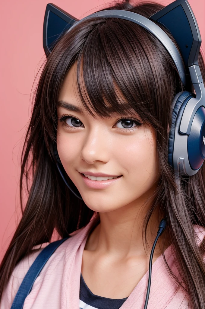 Anime headshot, close-up. Energetic young adult with vibrant hair and friendly expression. Wearing headphones (optional). Simple background.