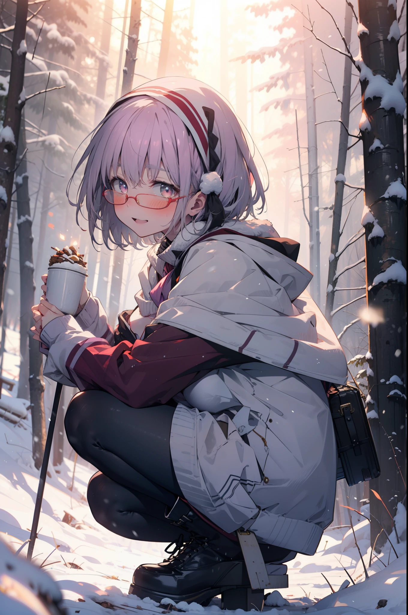 akaneshinjou, shinjou akane, Light purple hair, (Pink Eyes:1.2), short hair,Akagi Glasses,hair band,smile,blush,White Breath,Big Breasts,
Open your mouth,snow,Ground bonfire, Outdoor, boots, snowing, From the side, wood, suitcase, Cape, Blurred, having meal, forest, White handbag, nature,  Squat, Mouth closed, Cape, winter, Written boundary depth, Black shoes, red Cape break looking at viewer, Upper Body, whole body, break Outdoor, forest, nature, break (masterpiece:1.2), Highest quality, High resolution, unity 8k wallpaper, (shape:0.8), (Beautiful and beautiful eyes:1.6), Highly detailed face, Perfect lighting, Highly detailed CG, (Perfect hands, Perfect Anatomy),
