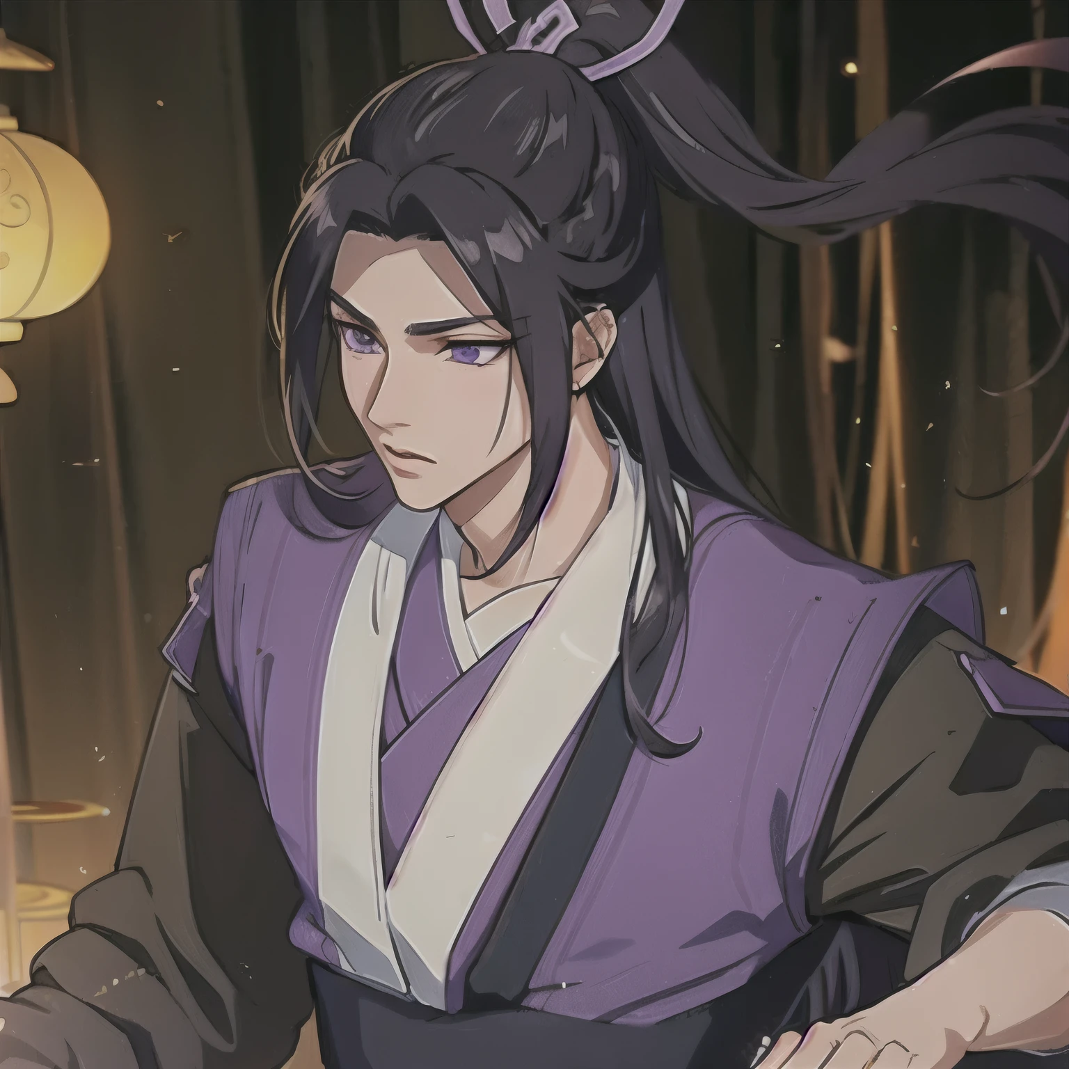 (masterpiece, best quality:1.2), 1male, solo, jiang cheng, mo dao zu shi, mdzs, purple and black clothes, purple eyes, long black hair, perfect anatomy